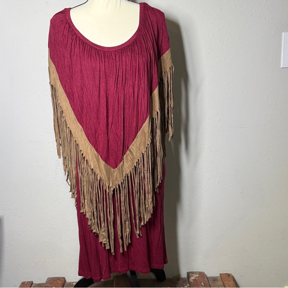 Fringe Detail Burgundy and Tan Dress
